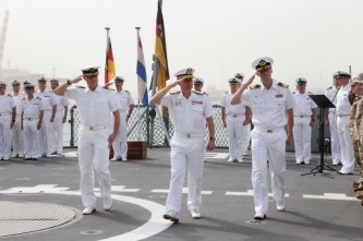 Rear Admiral Kaack, Rear Admiral González-Aller Lacalle, and Commodore Luyckx in the change of Force Command ceremony. August 6, 2016 EU NAVFOR